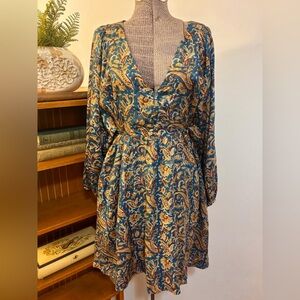 NEW EF India V Neck Cotton Printed Above Knee Dress Waist Tie POCKETS! XS Lined